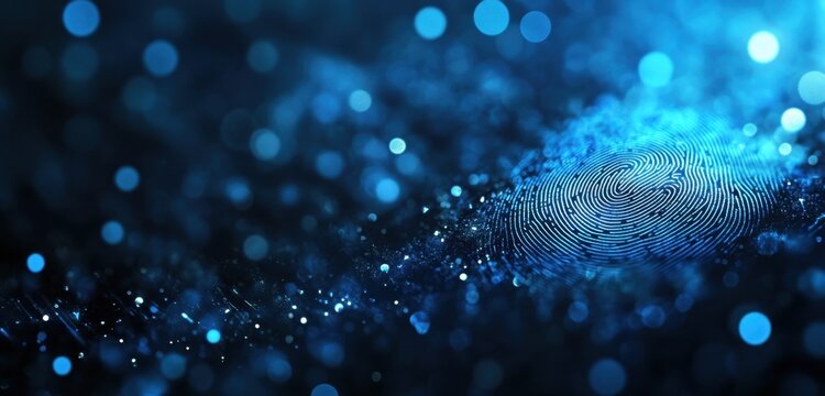 Abstract digital identity biometric technology background with blue bokeh lights and fingerprint symbolizing advanced security, data protection, cybersecurity on dark abstract background Generative AI