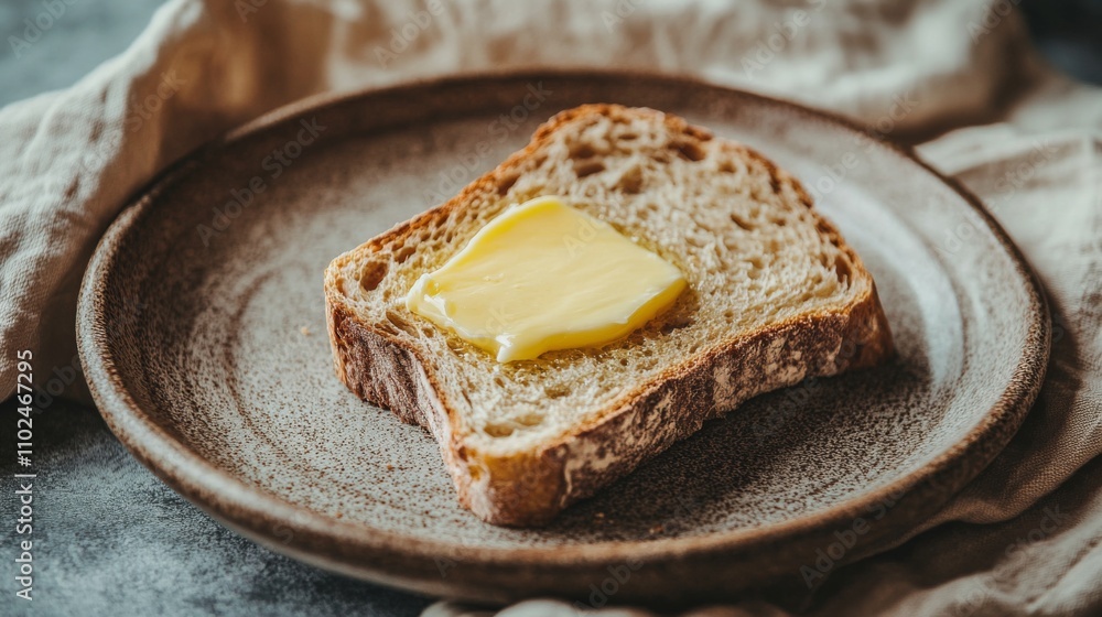 Poster freshly toasted bread slice with creamy butter on simple plate