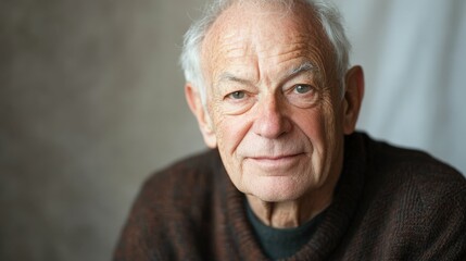 Portrait of an elderly man with a subtle smile, lines on his face hinting at life experiences, muted background, focused on his expressive eyes,