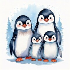 Fototapeta premium Cute Watercolor Penguins Winter Watercolor vector images create your own combinations as mommy daddy family of 3, brother sister and other