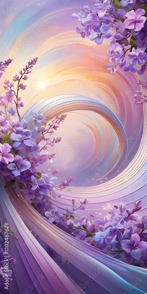 Poster vibrant swirl patterns feature lilac flowers intertwined with soft colors, creating a whimsical atmo