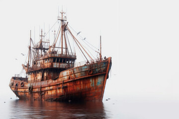 Fototapeta premium A rusty fishing vessel in the fog. Space for text.