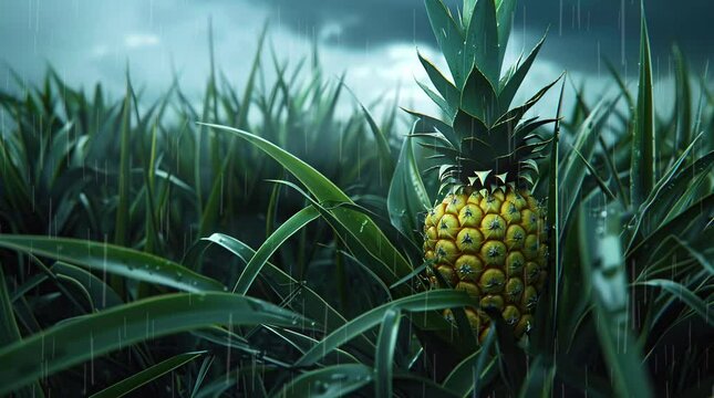 Pineapple field under an overcast sky on a cloudy day, tropical farmland scenery  
Seamless looping 4k time-lapse virtual video animation Generated AI