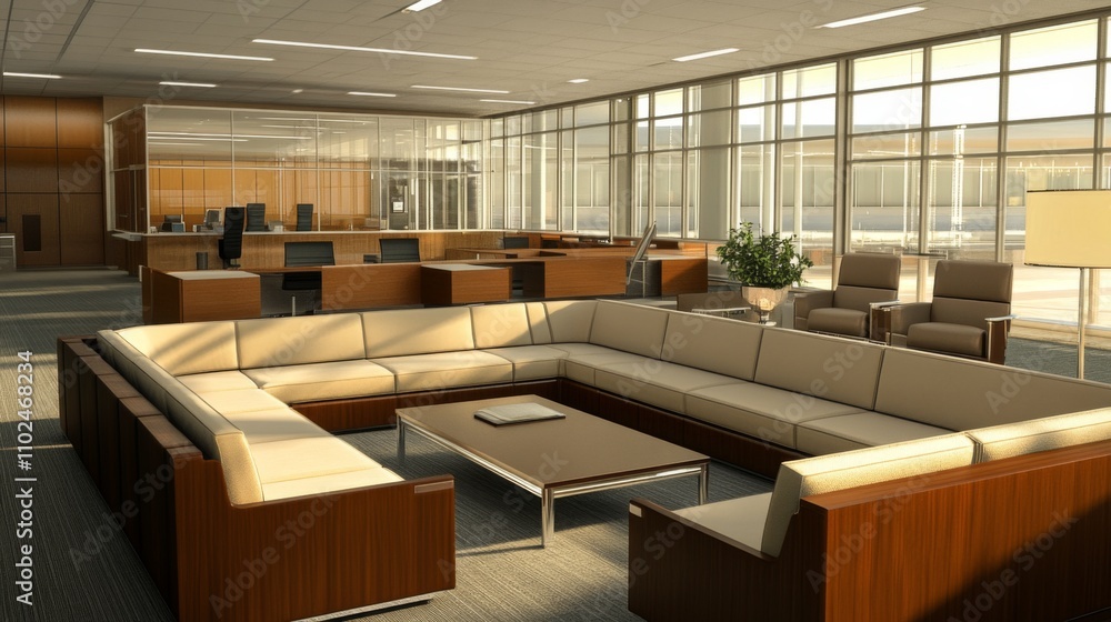 Poster modern office lobby with spacious couch and bright windows design