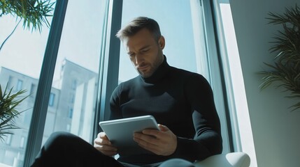 Man in a black turtleneck working on a tablet, seated in a modern office with minimal decor, large windows bringing in daylight, focused technology setting