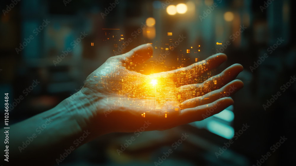 Poster a glowing orb of energy in a hand symbolizes innovation and technology in a futuristic setting at ni