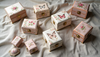 Collection of decorative floral and butterfly boxes on a soft fabric background