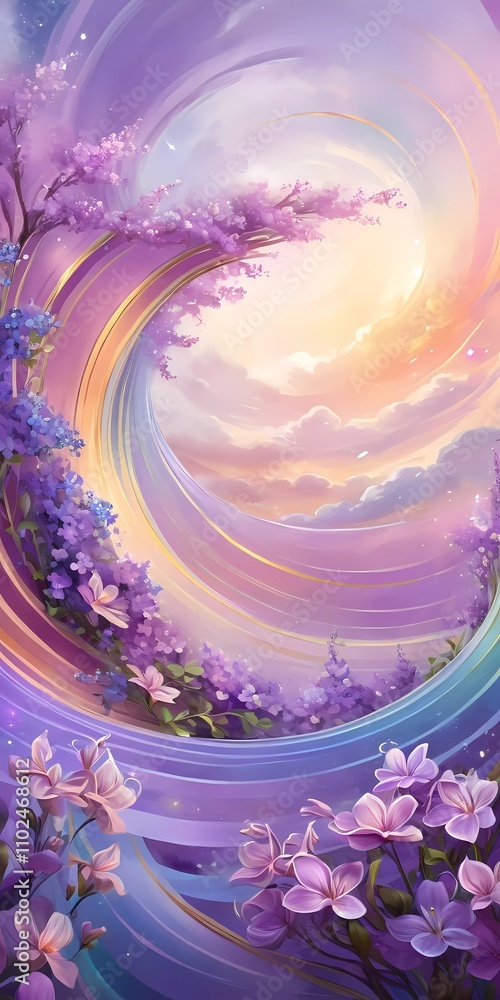 Poster vibrant swirl patterns feature lilac flowers intertwined with soft colors, creating a whimsical atmo
