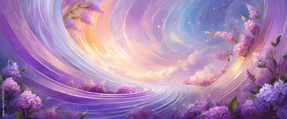 Poster vibrant swirl patterns feature lilac flowers intertwined with soft colors, creating a whimsical atmo