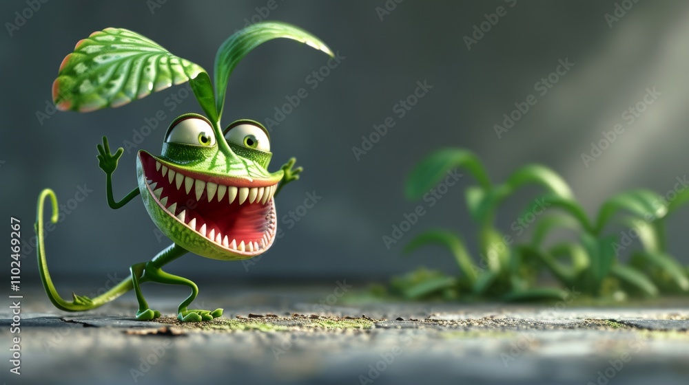 Poster playful 3d-rendered animated plant creature with a leaf hat and large sharp teeth. vibrant colors an