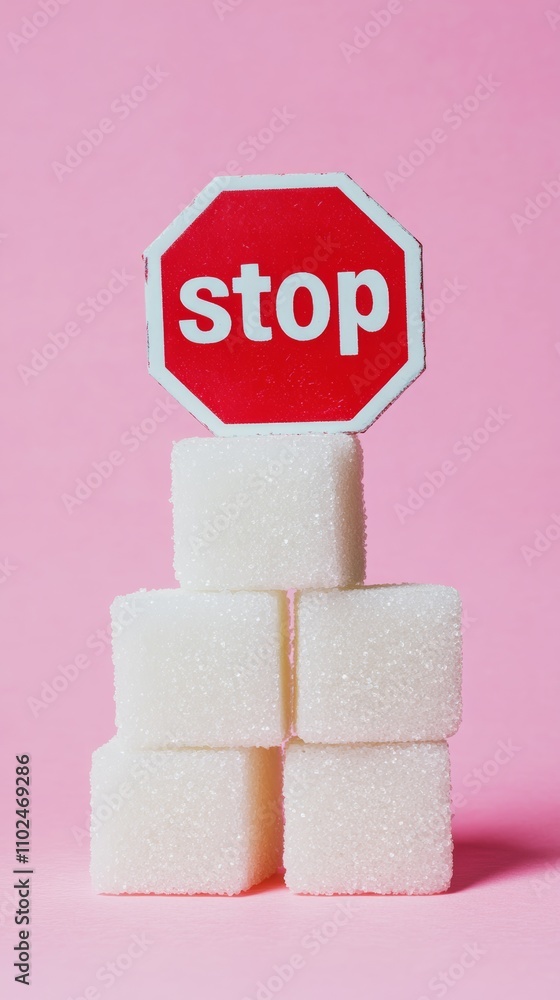 Poster four sugar cubes stacked together with a stop sign on top, conveying a message about reducing sugar 