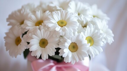 Obraz premium White daisies in a gift box with a pink satin bow, clean background,
