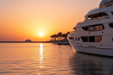 Obraz premium A luxurious yacht docked by the waterfront during sunset, showcasing the beautiful reflection on the water, with palm trees framing the picturesque scene.
