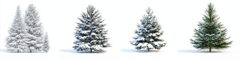Fototapeta premium Set of different snow-covered spruce trees isolated on a white background