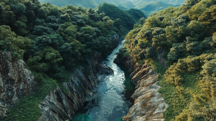 Obraz premium Aerial view of a serene river winding through lush green mountains on a sunny day in a remote wilderness area