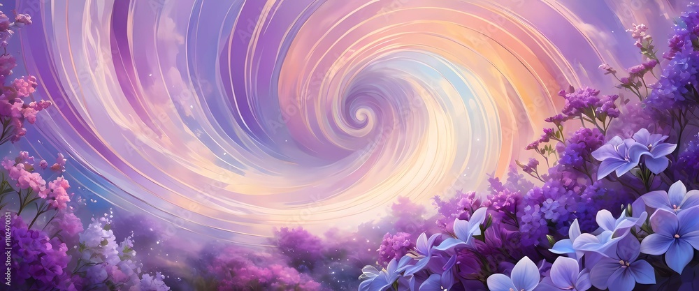 Poster vibrant swirl patterns feature lilac flowers intertwined with soft colors, creating a whimsical atmo