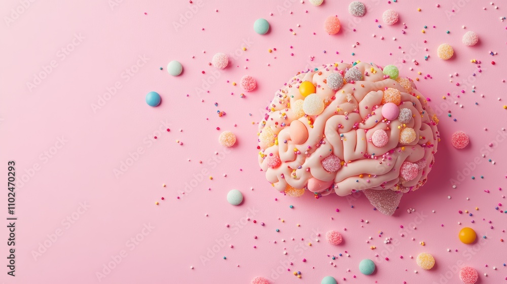 Poster brain model covered in colorful candy and sprinkles shows sugar addiction and its impact on cognitiv