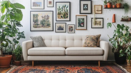 Modern Living Room with Succulent Gallery Wall and Cozy Sofa