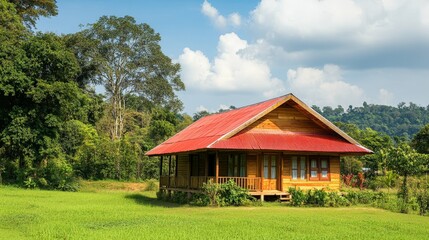 Obraz premium Traditional wooden house with red roof against green landscape, sunny day, rural and peaceful