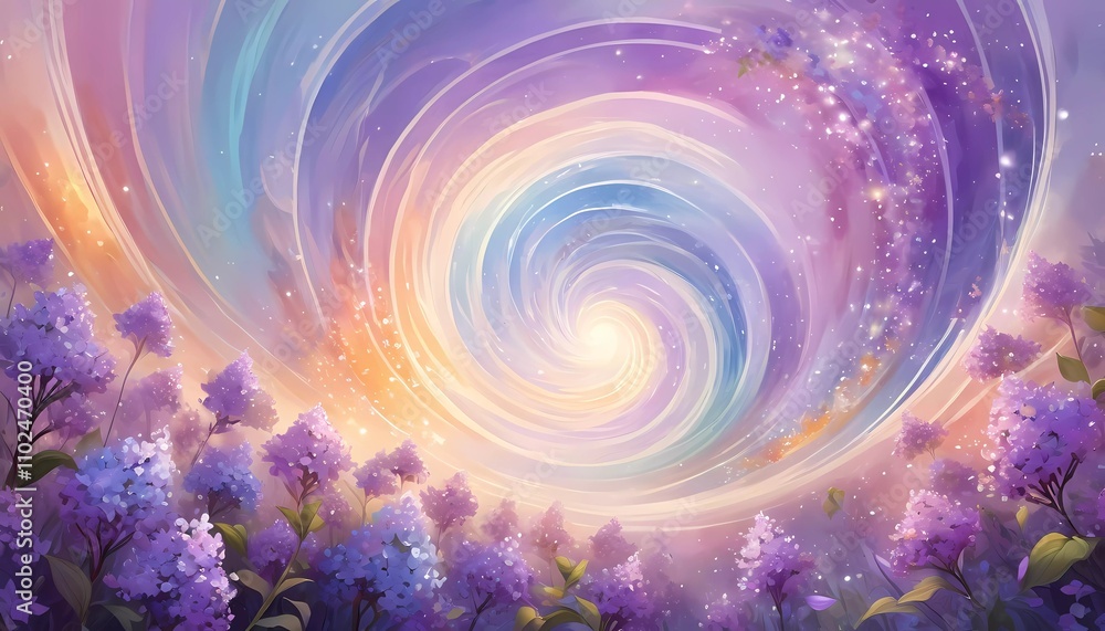 Poster vibrant swirl patterns feature lilac flowers intertwined with soft colors, creating a whimsical atmo