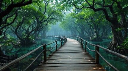 Fototapeta premium A wooden bridge winding through lush mangrove forest, bridge, wood, tranquil