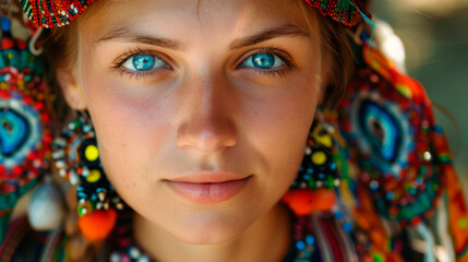 Obraz premium A young Ukrainian woman gazes directly at the viewer, adorned in colorful traditional attire and intricate accessories that highlight her cultural heritage