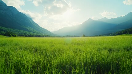 Fototapeta premium Green grass field with mountain range in background, nature landscape, bright daylight,