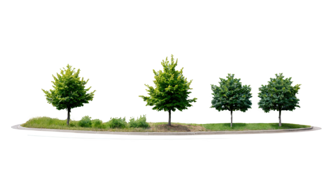 Trees on curved landscaping path isolated
