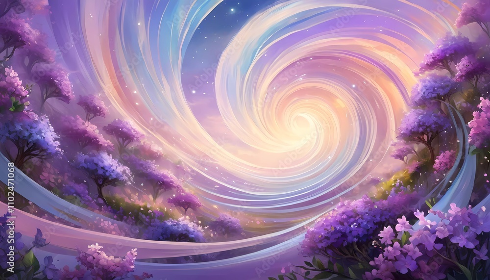 Poster vibrant swirl patterns feature lilac flowers intertwined with soft colors, creating a whimsical atmo