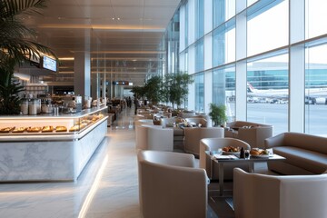 Fototapeta premium A spacious café interior with large windows overlooking the airport runway, offering passengers a serene place to enjoy refreshments before their flights.