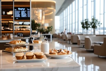 An inviting arrangement of gourmet treats beautifully displayed on a table in a modern café, ideal for indulgence and emphasizing the café's welcoming atmosphere.
