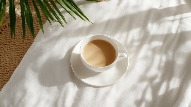 A cup of coffee rests on a tray beside an unmade bed, while sunlight streams through the window, enhancing the inviting atmosphere