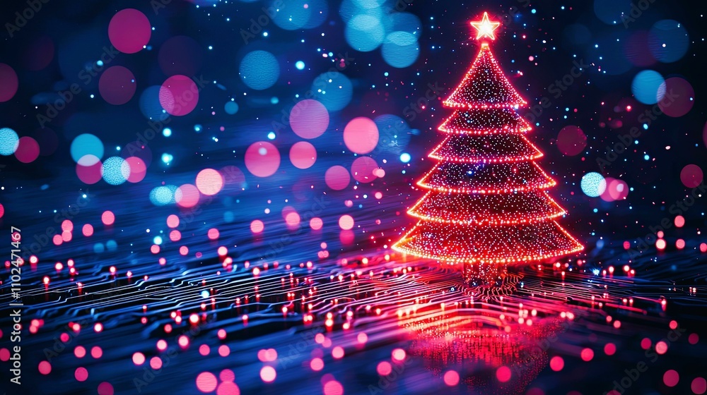Poster illuminated christmas tree glowing with vibrant red lights against a dark background with colorful b