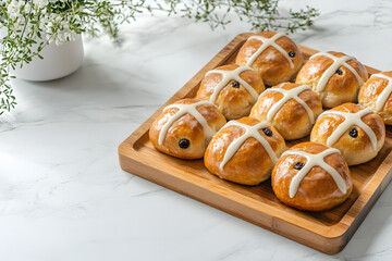 Freshly baked hot cross buns on wooden tray with icing crosses and raisins