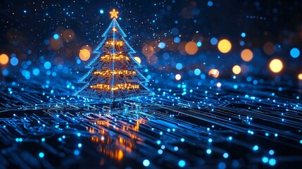 Futuristic digital Christmas tree glowing with blue and orange lights on electronic circuit board background, Merry Christmas greeting card computer technology style