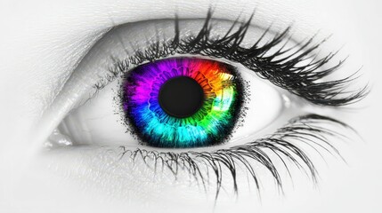Black and white close-up of eye with vibrant colored iris, isolated detail, high contrast and dramatic