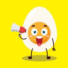 cute happy expression of half boiled egg cartoon character carry megaphone