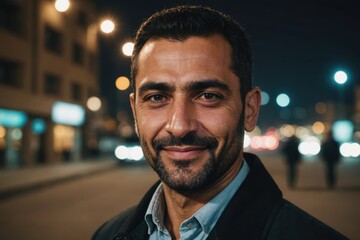 Close portrait of a smiling 40s Iraqi man looking at the camera, Iraqi city outdoors at night blurred background © ThomasLENNE