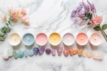 Aroma candles and chakra crystals arranged on a serene altar for alternative healing and meditation