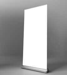 Blank vertical roll-up banner stand mockup on white background. Pull-up roller portable signage mock-up. White pop-up advertising display template. Roll up 3d ad banner on white background.