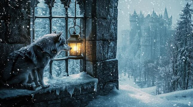 Mystical wolf by a glowing lantern near a castle window with a snowy winter landscape  
Seamless looping 4k time-lapse virtual video animation Generated AI