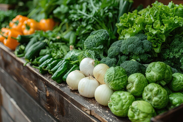 Assortment of green vegetables on a wooden surface, 