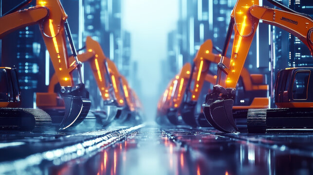 Excavators work on a winter landscape with frozen terrain under a bright sky at dawn, showcasing construction activity in challenging conditions