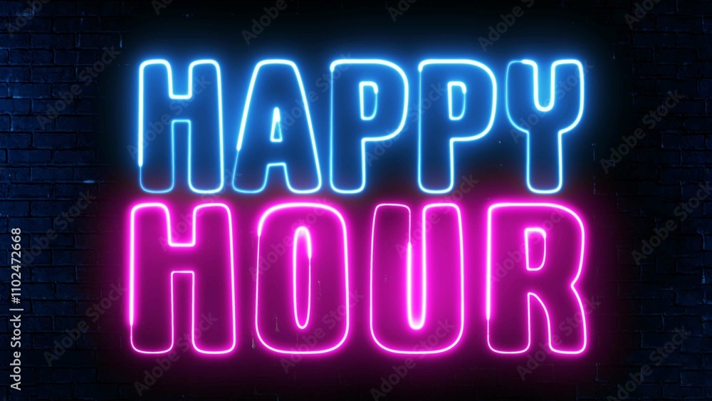 Poster happy hour neon sign. happy hour text font with light. luminous and shimmering haze inside the lette