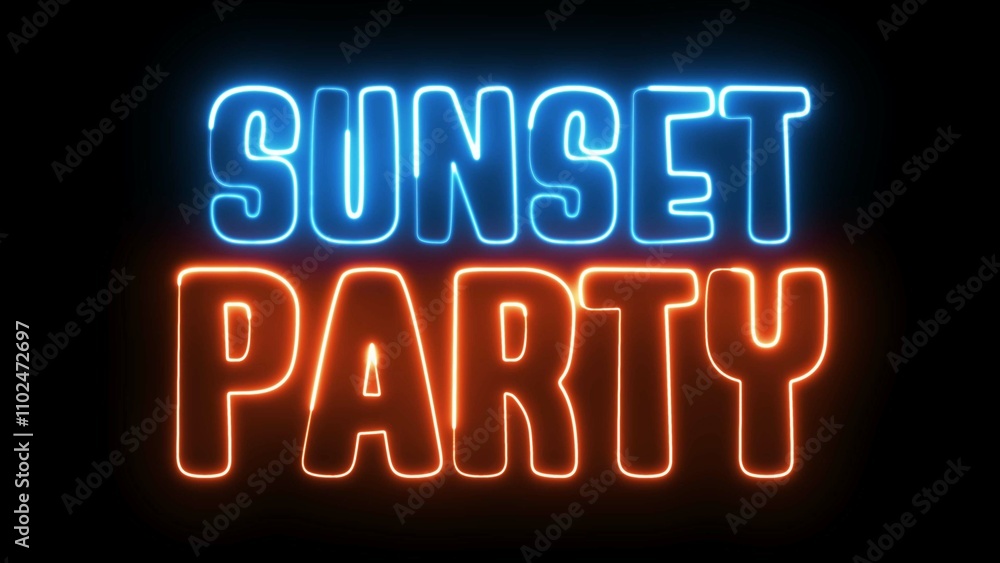 Poster sunset party neon sign. sunset party text font with neon light. luminous and shimmering haze inside 