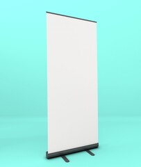 Blank vertical roll-up banner stand mockup on white background. Pull-up roller portable signage mock-up. White pop-up advertising display template. Roll up 3d ad banner on white background.