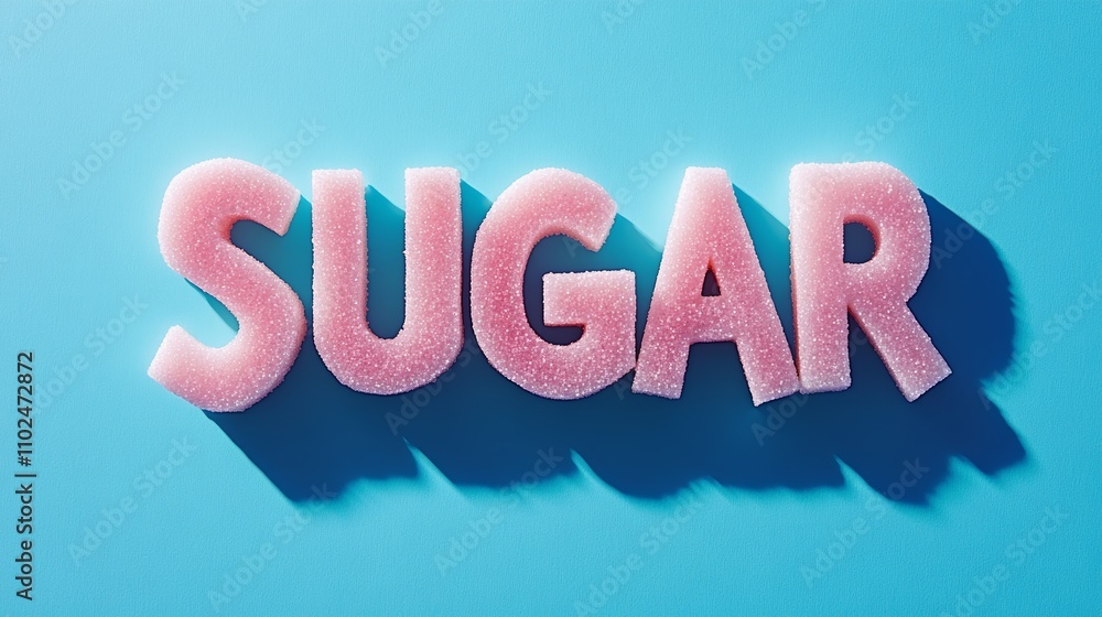 Poster Pink letters spelling out the word sugar cast a shadow on a vibrant blue background, creating a visually striking contrast and prompting reflection on sugar consumption and its implications
