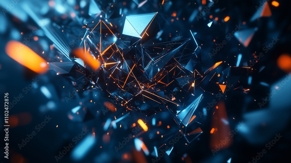 Poster a futuristic scene features floating shapes in blue, glowing lines, and dynamic patterns that inspir