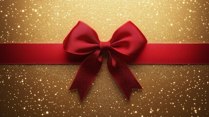 A gift box with a large red bow on a shiny golden background, festive mood