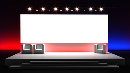 Simple event stage. Meeting event scene, party scene design. Empty stage design for mockup and corporate identity, display. Platform elements in hall. Conference Stage Designs.